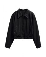 Point Collar Faux Leather Zipper Jacket in Black