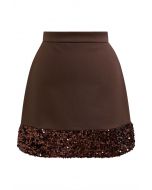 Shine Glamour Sequin Hem Mini Skirt in Brown