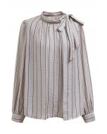 Striped Tie Neck Puff Sleeve Pleats Shirt in Sand