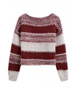 Fair Isle Stripe Cropped Knit Sweater in Red