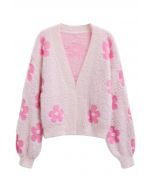 Cuteness Flowers Fuzzy Knit Cardigan in Pink