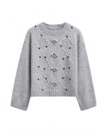 Floral Diamond Pom-Pom Ribbed Knit Sweater in Grey