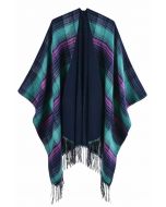 Classic Tartan Fringed Hem Poncho in Teal