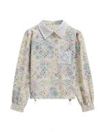 Rose Printed Eyelet Embroidered Patch Pocket Denim Shirt