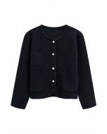 Sweetly Patch Pocket Pearly Button Knit Cardigan in Black