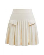 Decorative Pocket Pleated Knit Mini Skirt in Cream