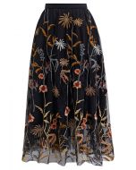 Whimsical Flowers Embroidered Mesh Tulle Midi Skirt in Black