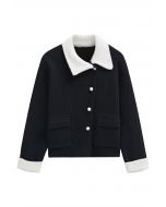 Contrasting Trim Flap Pocket Buttoned Knit Coat in Black