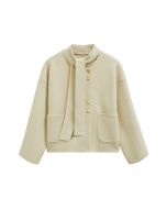 Detachable Tie-Neck Golden Button Knit Coat in Light Yellow