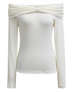 Ruched Fold Neckline Long Sleeve Off-Shoulder Top in White