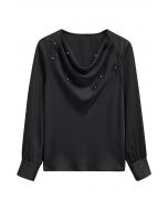 Pearly Butterfly Feather Trim Cowl Neck Top in Black