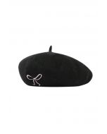 Embroidered Bowknot Wool-Blend Beret in Black