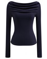 Ribbed Texture Off-Shoulder Ruched Cotton Top in Navy