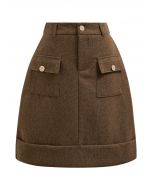 Buttoned Trim Flap Pocket Roll-Hem Tweed Skirt in Brown