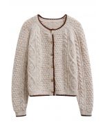 Contrast Edges Braided Knit Buttoned Cardigan in Oatmeal