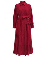 Delicate Eyelet Embroidery Tie-Waist Buttoned Midi Dress in Red