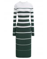 Color Block Stripe Bodycon Knit Midi Dress in Dark Green