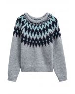 Winter Whimsy Fair Isle Ribbed Knit Sweater in Grey