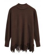 Asymmetric Fringe Hem Drop Shoulder Knit Sweater in Brown