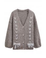 Lace Ribbon Lace-Up Fuzzy Knit Cardigan in Taupe