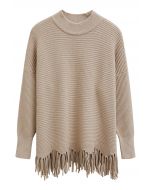 Asymmetric Fringe Hem Drop Shoulder Knit Sweater in Light Tan