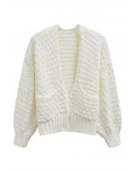 Chunky Hand Knit Patch Pocket Open Front Cardigan in White