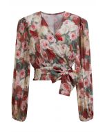 Romantic Rose Print Tie-Waist Wrap Top