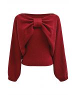 Mesmerizing Bowknot Cami Top and Sweater Set in Red