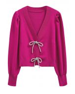 Sparkling Bowknot Buttoned Lantern Sleeve Knit Cardigan in Magenta