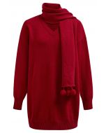 Cozy Red Dropped Shoulder Knit Sweater Dress with Pom-Pom Scarf