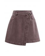 Double-Buttoned Flap Denim Mini Skirt in Plum