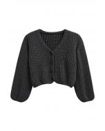 Hand-Knit Drop-Shoulder Buttoned Crop Cardigan in Smoke