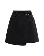 Double-Buttoned Flap Denim Mini Skirt in Black