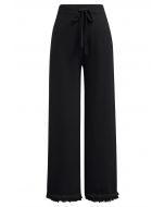 Casual Tie-String Fringed Knit Pants in Black