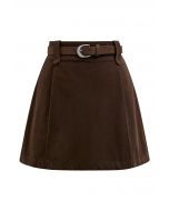 Time-Traveled Faux Suede Belted Mini Skirt in Brown