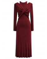 Cutout Shoulders Cross Front Knit Midi Dress in Red