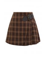 Double Flaps Plaid Belted Pleated Mini Skirt in Caramel