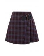 Double Flaps Plaid Belted Pleated Mini Skirt in Plum