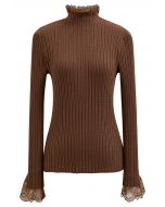 Lace Trim Mock Neck Ribbed Knit Top in Brown