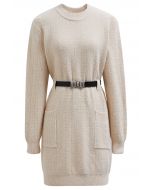 Patch Pocket Belted Mini Sweater Dress in Ivory