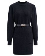 Patch Pocket Belted Mini Sweater Dress in Black