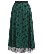 Falling Snowflake Mesh Tulle Midi Skirt in Dark Green