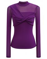 Twist Front Double-Layered Mesh Mock Neck Top in Purple