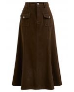 Front Flap Pockets Mermaid Denim Midi Skirt in Brown