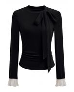 Side Bowknot Spliced Ruffle Cuff Top in Black