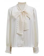 Sophisticated Eyelet Trim Bowknot Satin Shirt