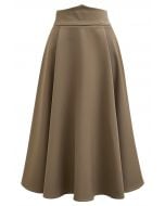 Solid Khaki High-Waist A-Line Midi Skirt