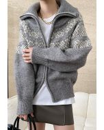 Double-Zip Fair Isle Jacquard Knit Cardigan in Grey