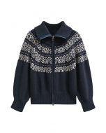 Double-Zip Fair Isle Jacquard Knit Cardigan in Navy