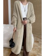 Fluffy Open Front Hooded Longline Knit Cardigan in Camel